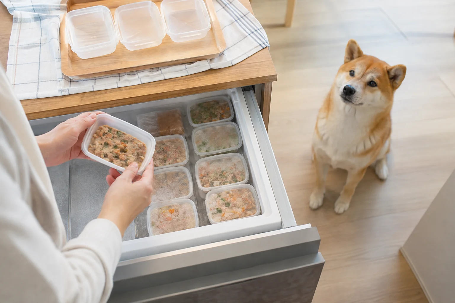 冷凍フレッシュフードを準備する飼い主と柴犬