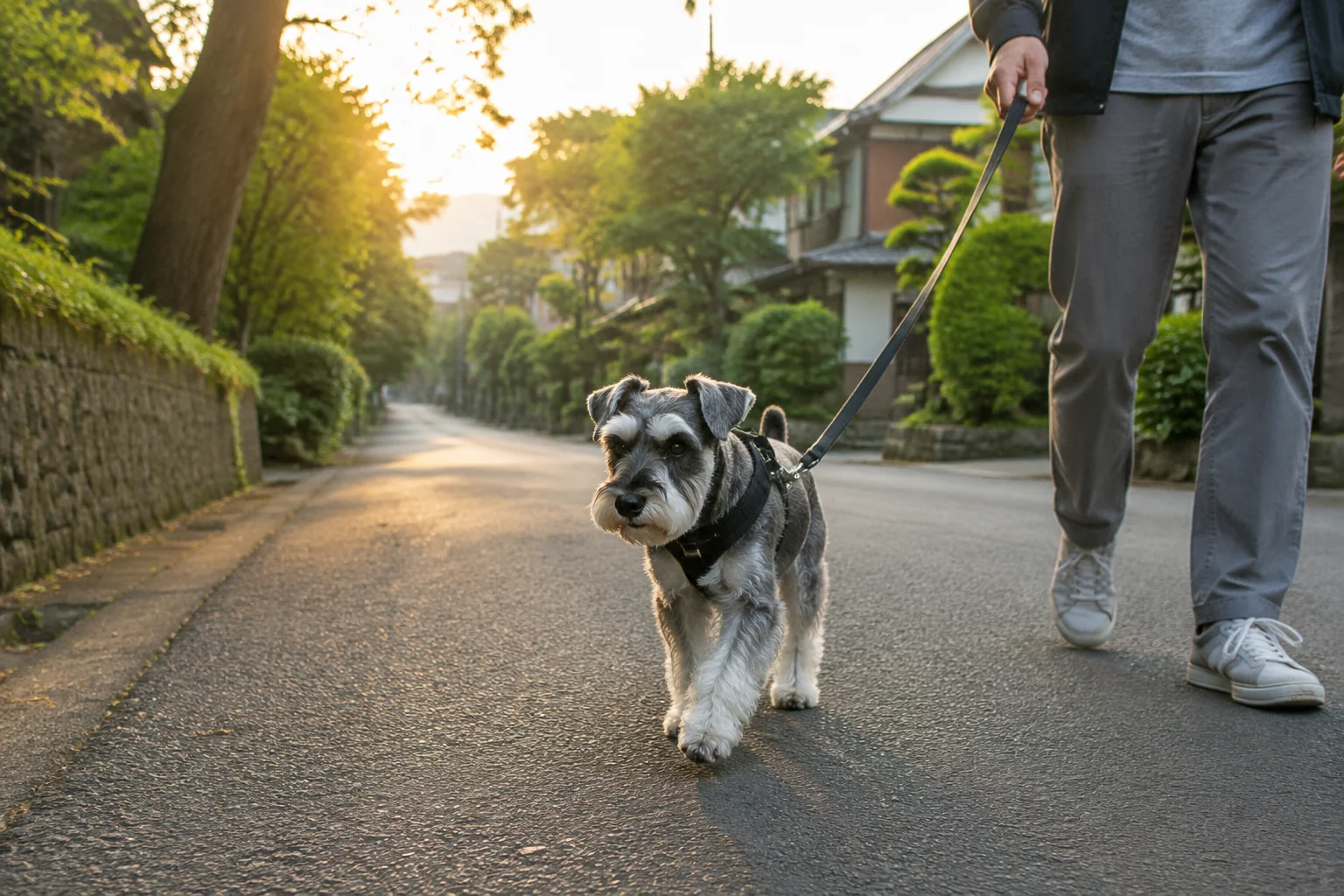 朝の住宅街を散歩するミニチュアシュナウザー